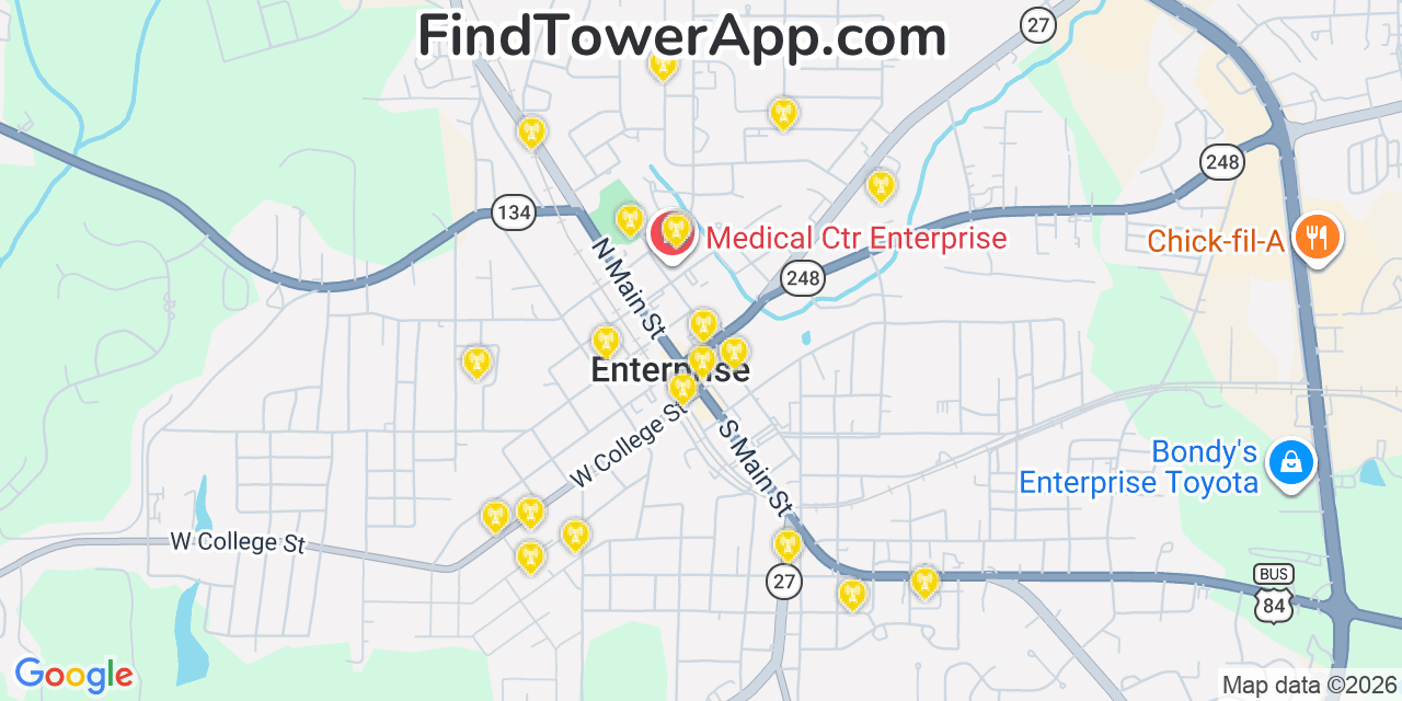 Map showing the 20 primary cell tower locations detected in Enterprise, Alabama from AT&T, Verizon, and T-Mobile networks