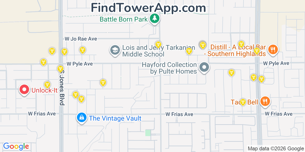Map showing the 20 primary cell tower locations detected in Enterprise, Nevada from AT&T, Verizon, and T-Mobile networks
