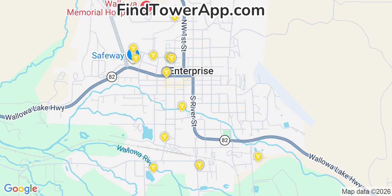 Map showing the 20 primary cell tower locations detected in Enterprise, Oregon from AT&T, Verizon, and T-Mobile networks
