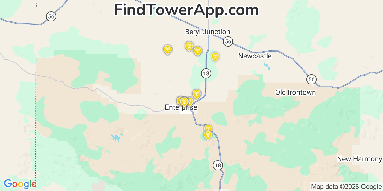 Map showing the 20 primary cell tower locations detected in Enterprise, Utah from AT&T, Verizon, and T-Mobile networks