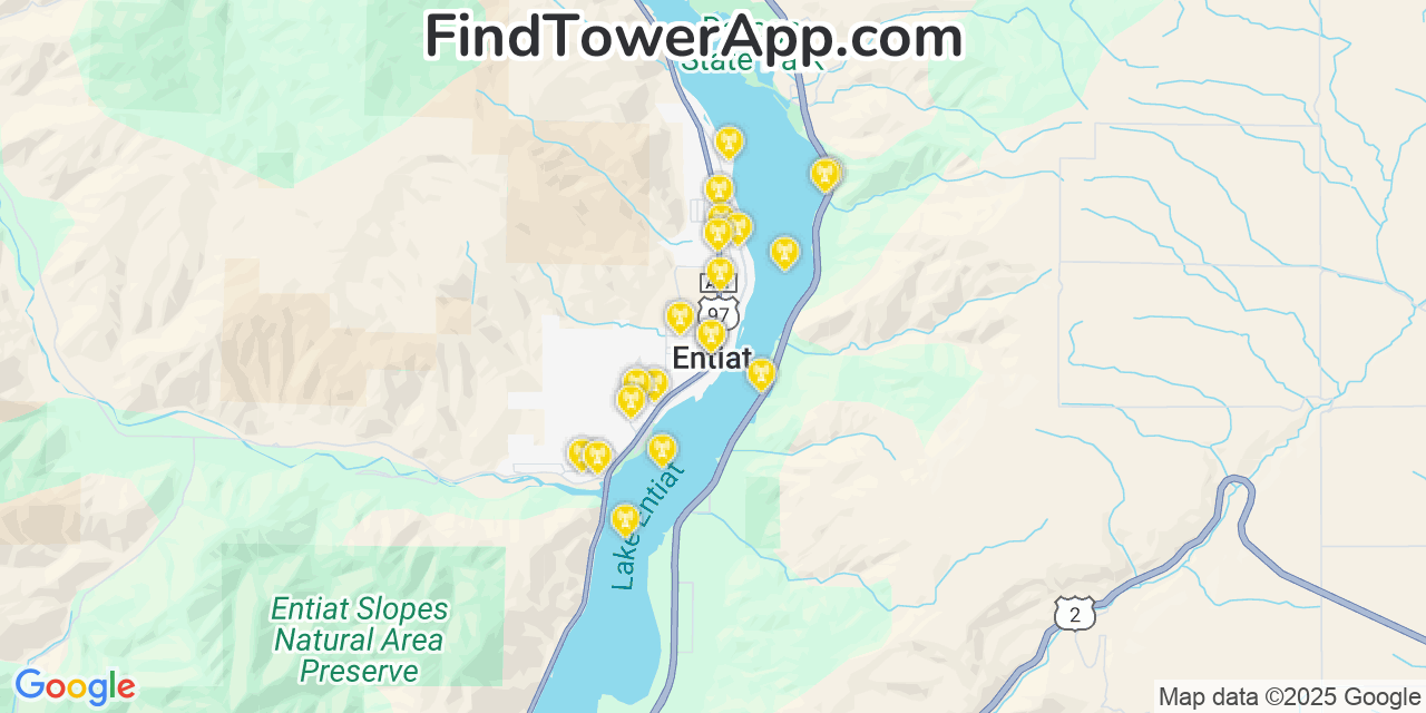 Map showing the 20 primary cell tower locations detected in Entiat, Washington from AT&T, Verizon, and T-Mobile networks