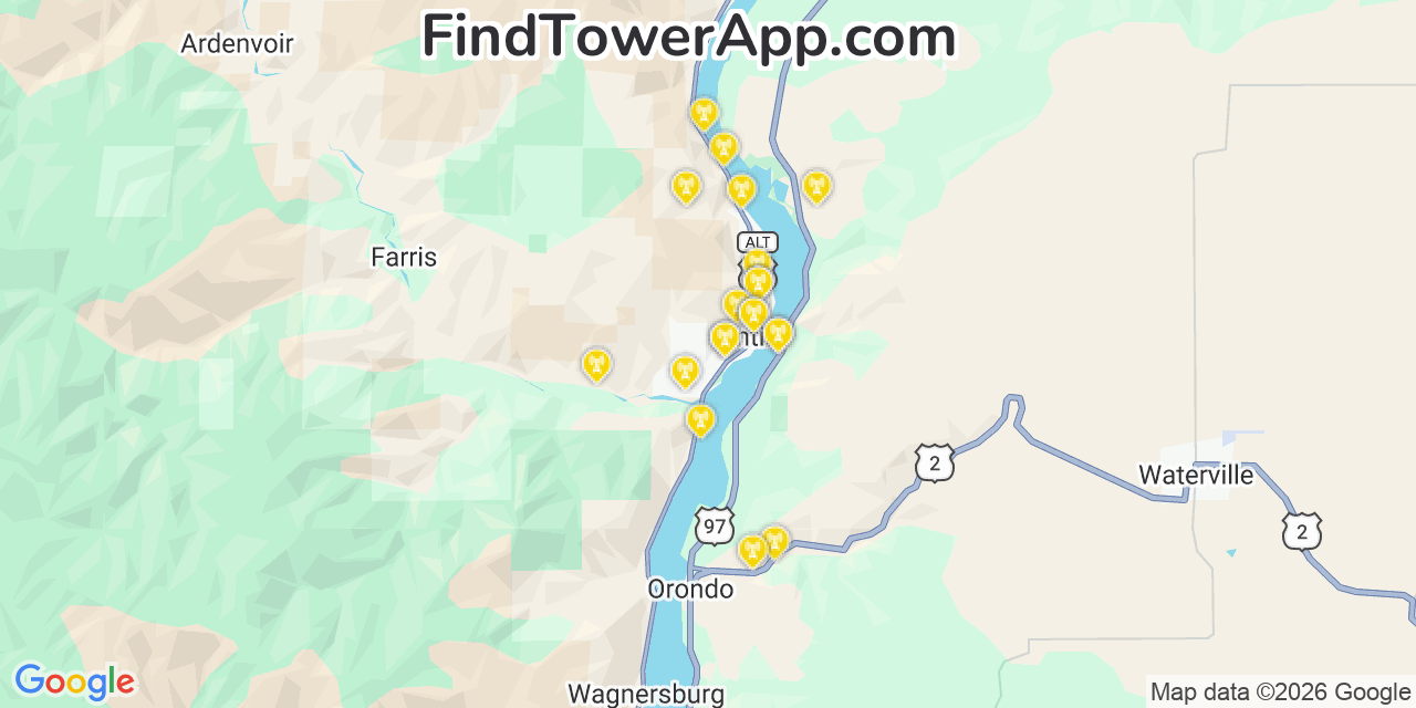Map showing the 20 primary cell tower locations detected in Entiat, Washington from AT&T, Verizon, and T-Mobile networks