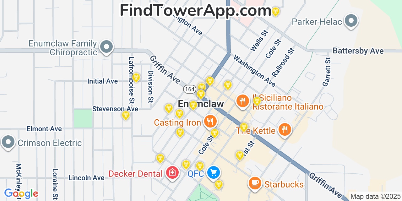 Map showing the 20 primary cell tower locations detected in Enumclaw, Washington from AT&T, Verizon, and T-Mobile networks