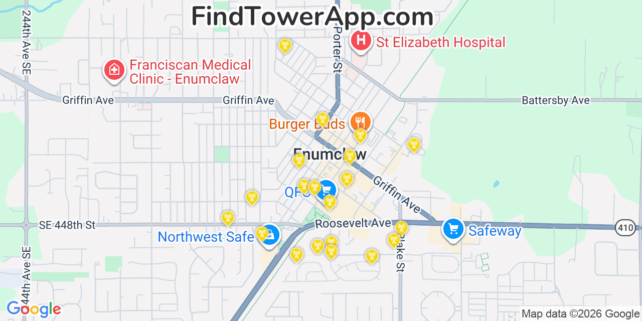 Map showing the 20 primary cell tower locations detected in Enumclaw, Washington from AT&T, Verizon, and T-Mobile networks