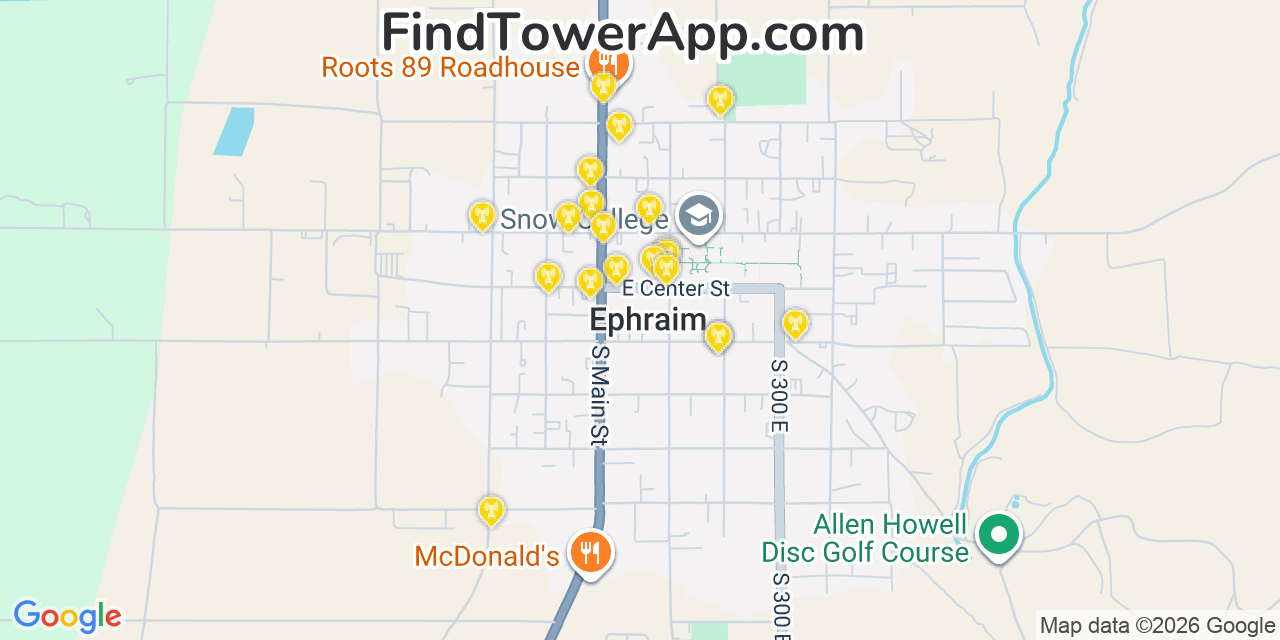 Map showing the 20 primary cell tower locations detected in Ephraim, Utah from AT&T, Verizon, and T-Mobile networks