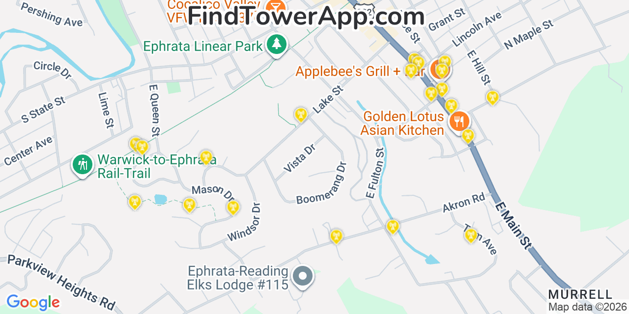 Map showing the 20 primary cell tower locations detected in Ephrata, Pennsylvania from AT&T, Verizon, and T-Mobile networks