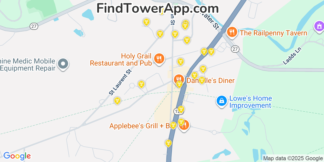 Map showing the 20 primary cell tower locations detected in Epping, New Hampshire from AT&T, Verizon, and T-Mobile networks