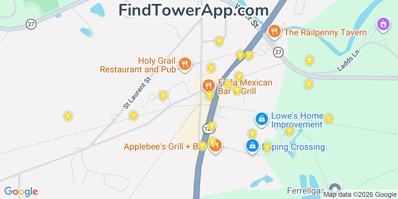 Map showing the 20 primary cell tower locations detected in Epping, New Hampshire from AT&T, Verizon, and T-Mobile networks