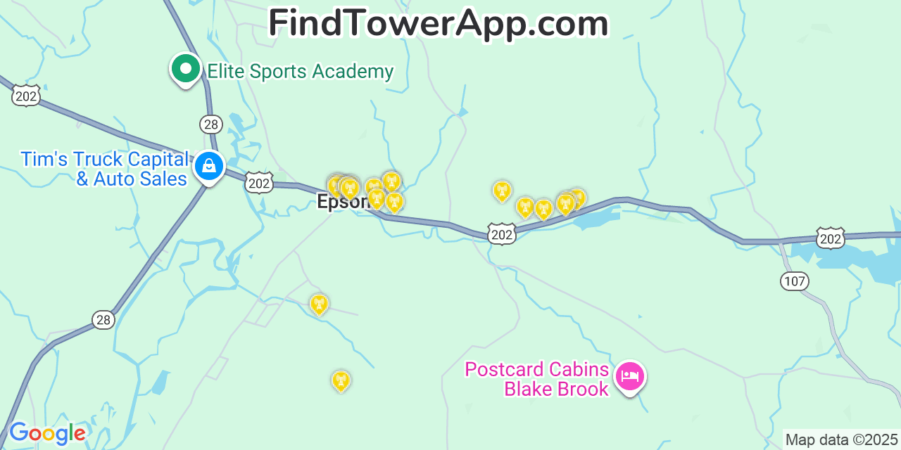 Map showing the 20 primary cell tower locations detected in Epsom, New Hampshire from AT&T, Verizon, and T-Mobile networks