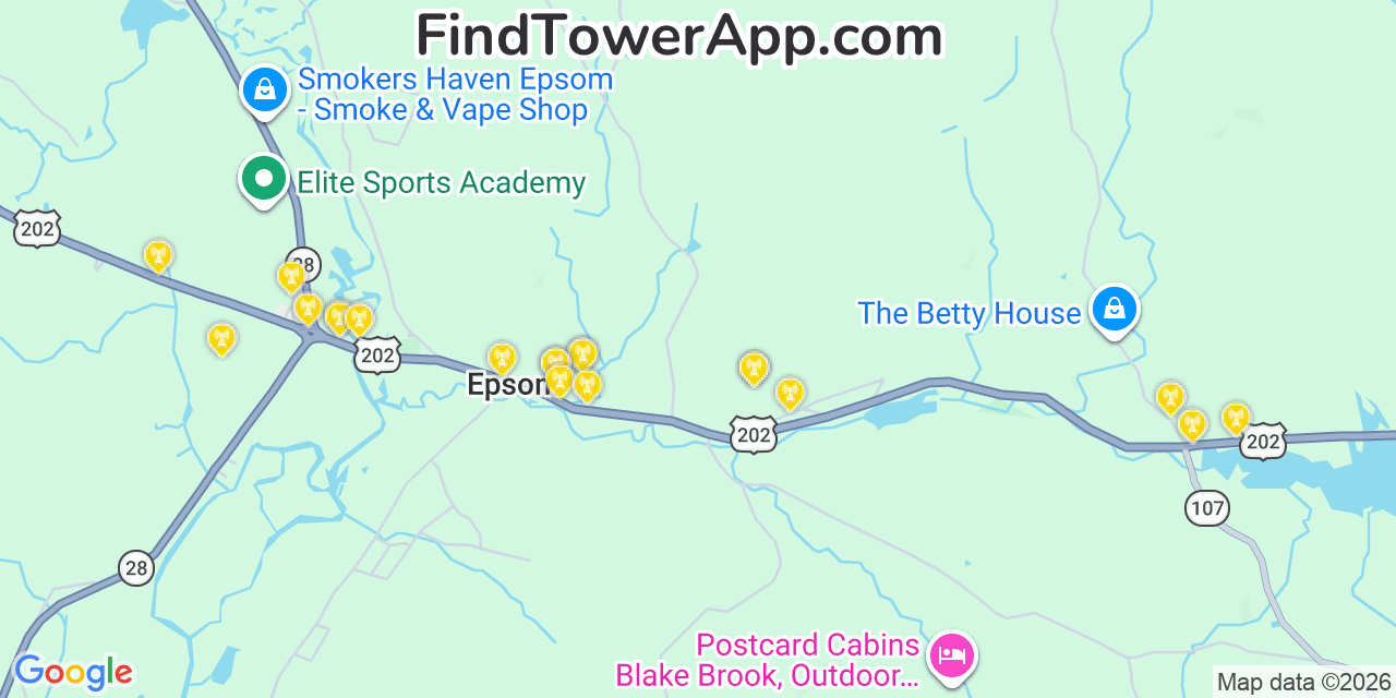 Map showing the 20 primary cell tower locations detected in Epsom, New Hampshire from AT&T, Verizon, and T-Mobile networks