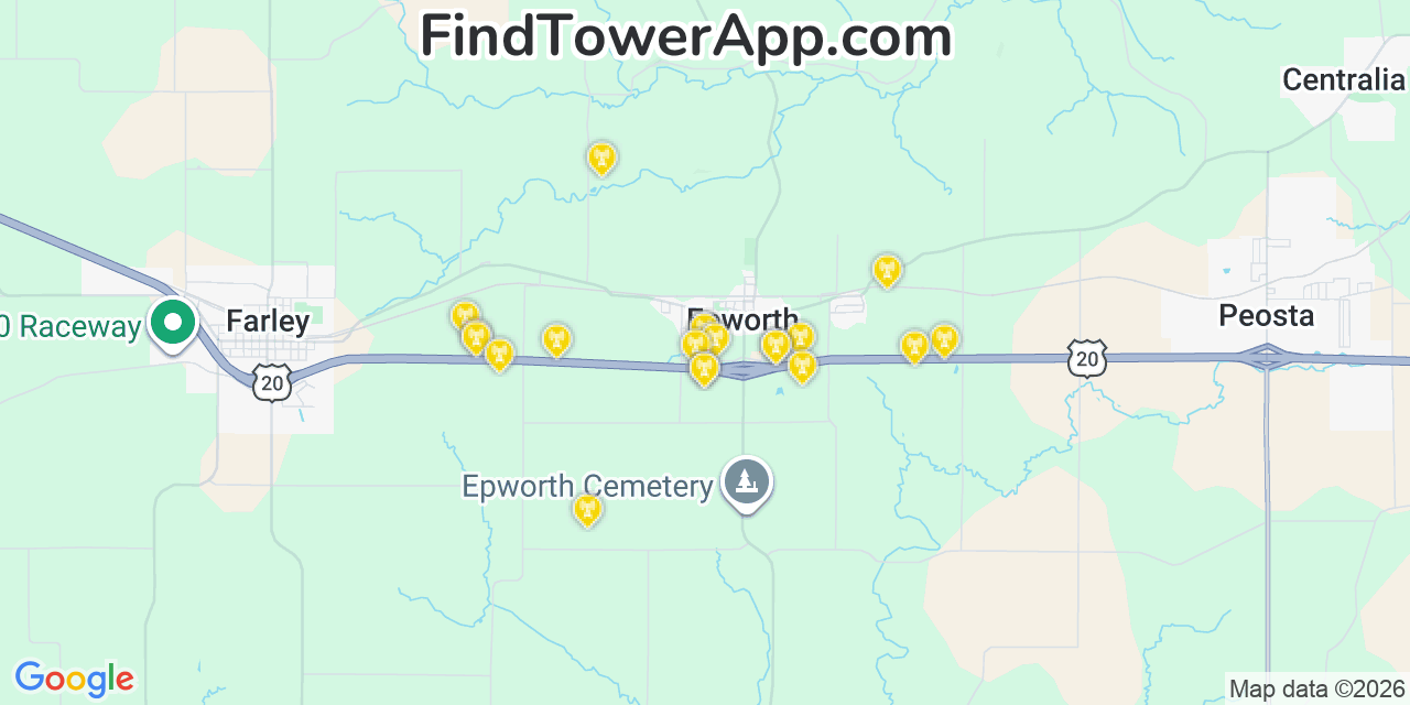 Map showing the 20 primary cell tower locations detected in Epworth, Iowa from AT&T, Verizon, and T-Mobile networks