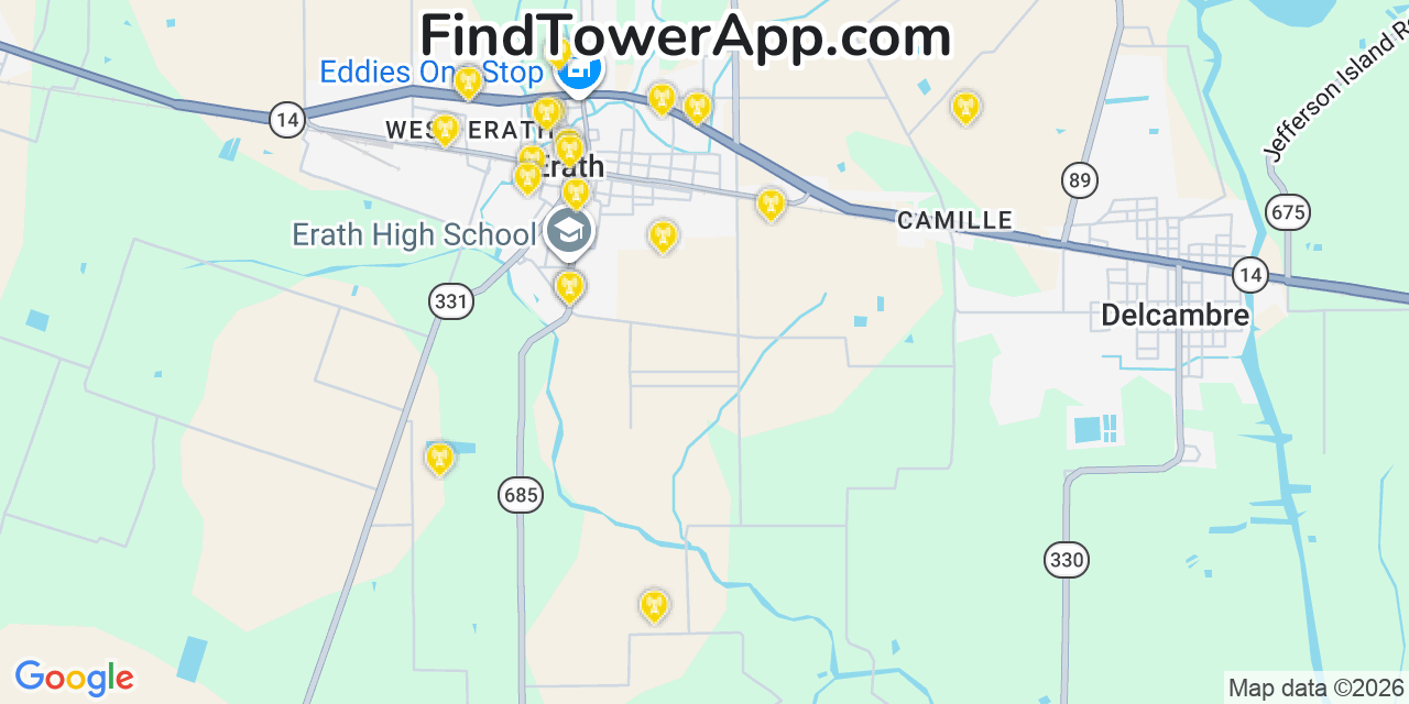 Map showing the 20 primary cell tower locations detected in Erath, Louisiana from AT&T, Verizon, and T-Mobile networks