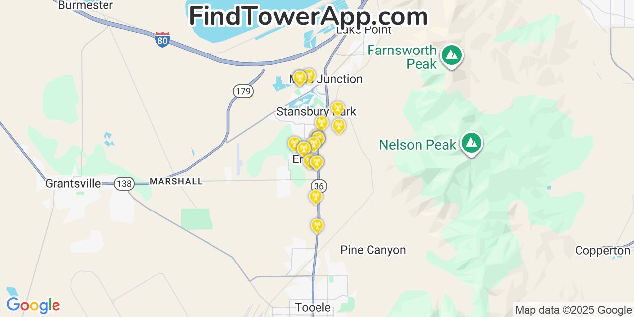 Map showing the 20 primary cell tower locations detected in Erda, Utah from AT&T, Verizon, and T-Mobile networks