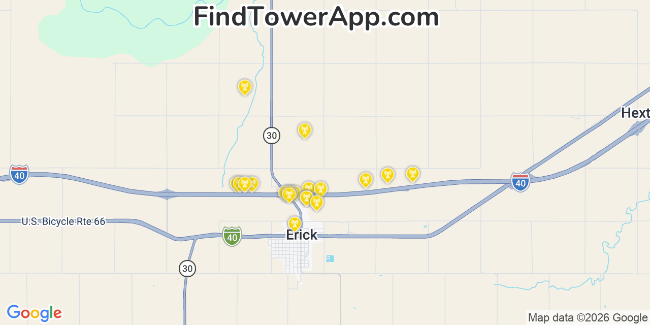 Map showing the 20 primary cell tower locations detected in Erick, Oklahoma from AT&T, Verizon, and T-Mobile networks