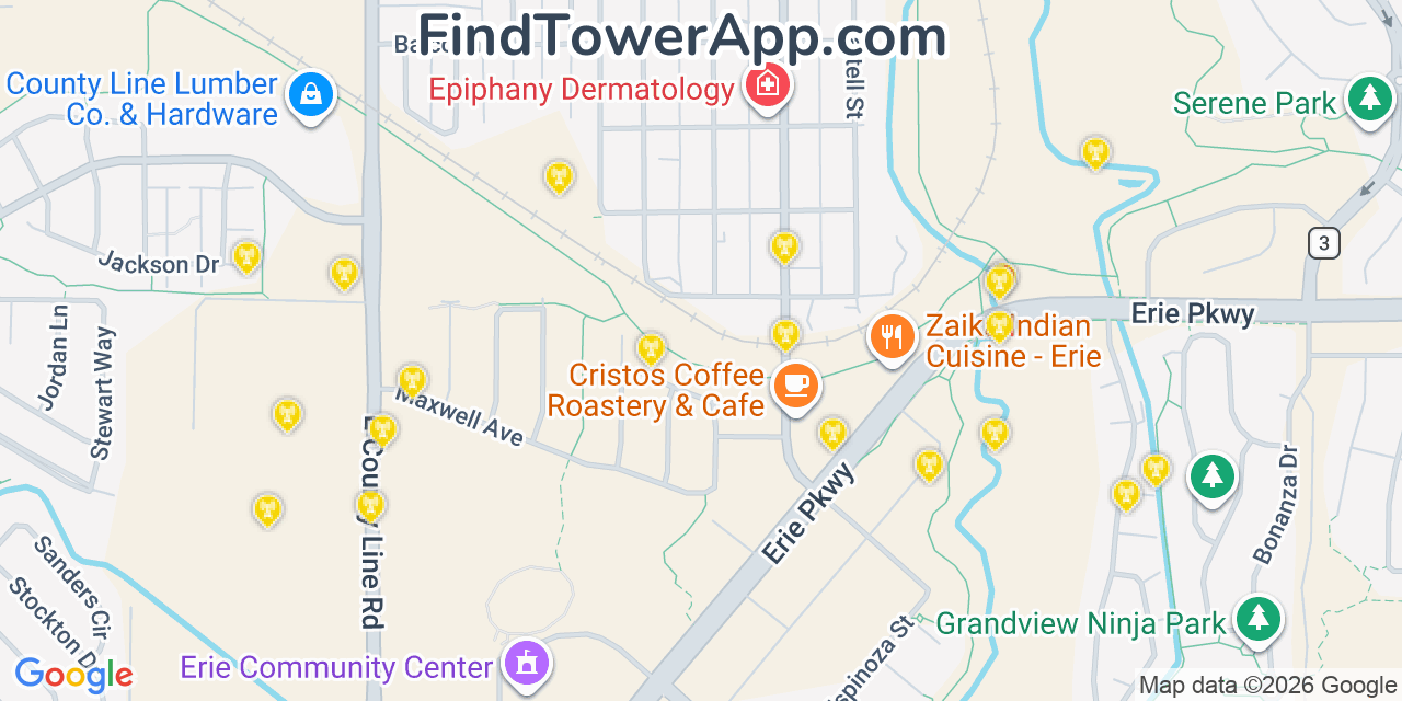 Map showing the 20 primary cell tower locations detected in Erie, Colorado from AT&T, Verizon, and T-Mobile networks