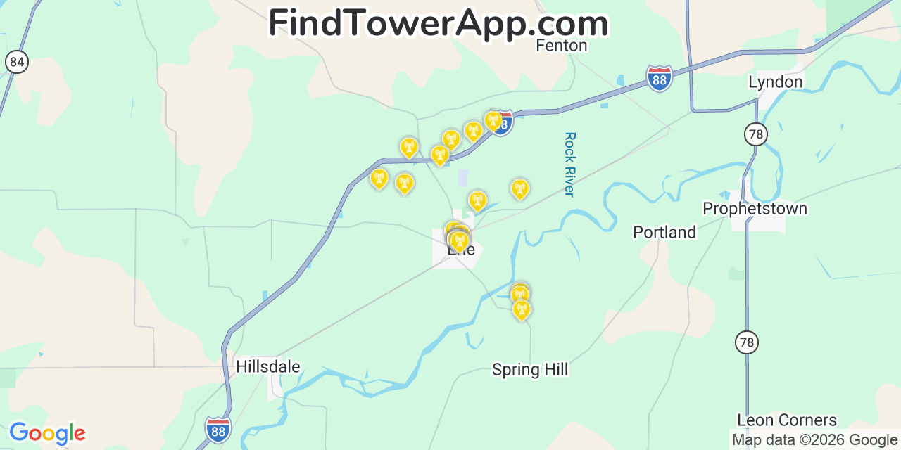 Map showing the 20 primary cell tower locations detected in Erie, Illinois from AT&T, Verizon, and T-Mobile networks