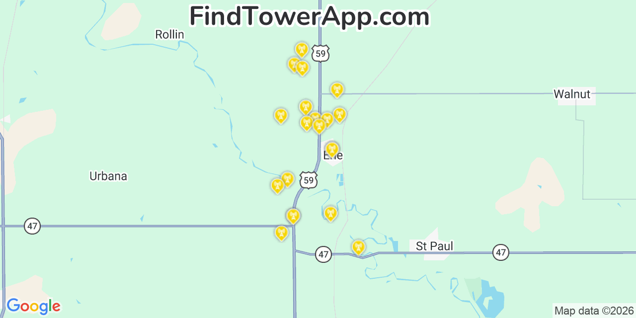Map showing the 20 primary cell tower locations detected in Erie, Kansas from AT&T, Verizon, and T-Mobile networks