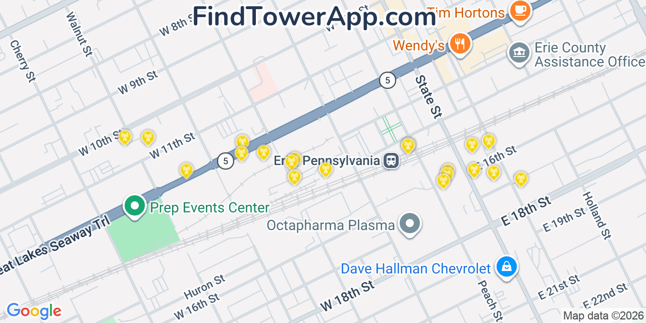 Map showing the 20 primary cell tower locations detected in Erie, Pennsylvania from AT&T, Verizon, and T-Mobile networks