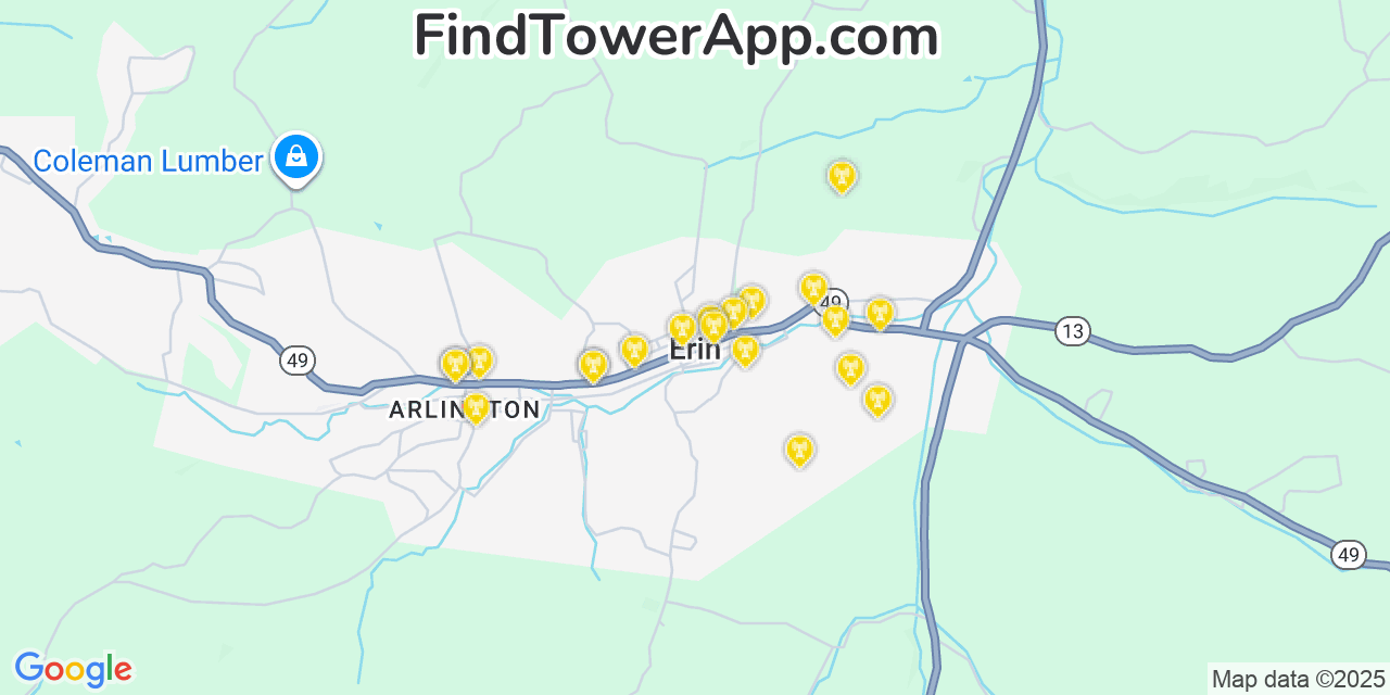 Map showing the 20 primary cell tower locations detected in Erin, Tennessee from AT&T, Verizon, and T-Mobile networks