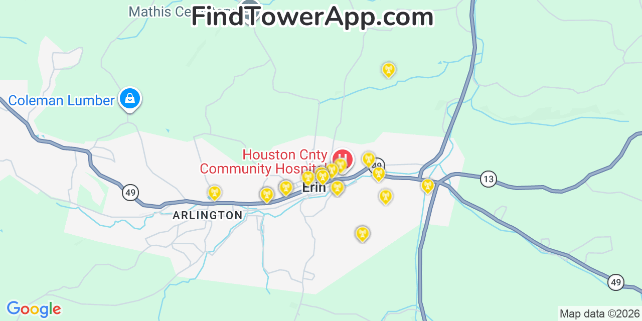 Map showing the 20 primary cell tower locations detected in Erin, Tennessee from AT&T, Verizon, and T-Mobile networks
