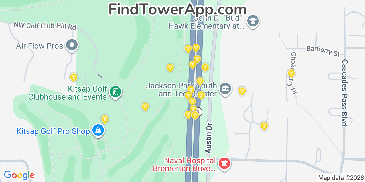 Map showing the 20 primary cell tower locations detected in Erlands Point Kitsap Lake, Washington from AT&T, Verizon, and T-Mobile networks