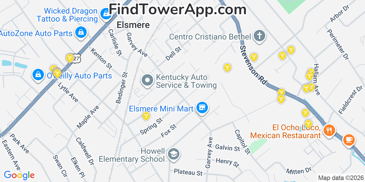 Map showing the 20 primary cell tower locations detected in Erlanger, Kentucky from AT&T, Verizon, and T-Mobile networks