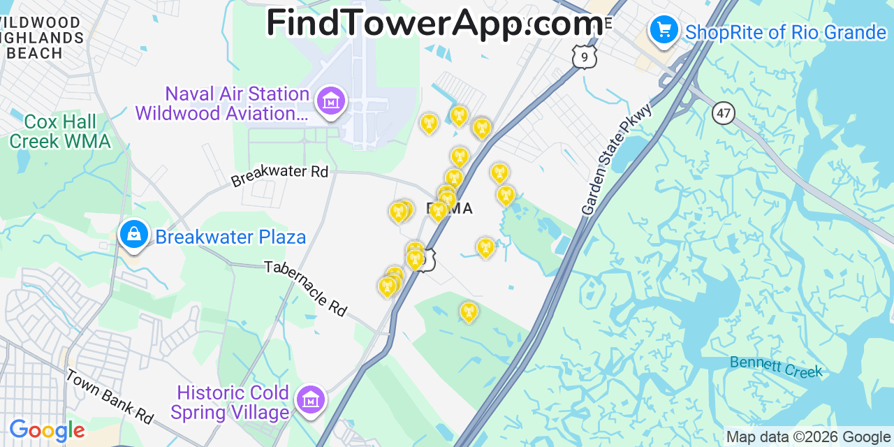 Map showing the 20 primary cell tower locations detected in Erma, New Jersey from AT&T, Verizon, and T-Mobile networks