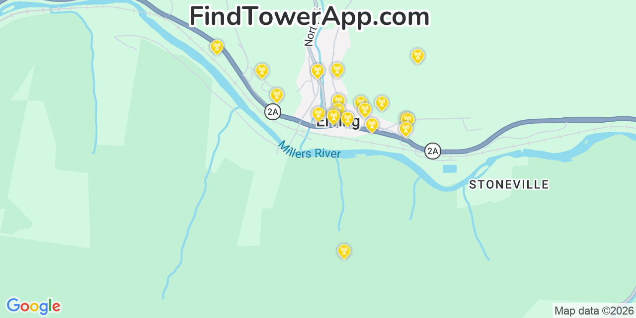 Map showing the 20 primary cell tower locations detected in Erving, Massachusetts from AT&T, Verizon, and T-Mobile networks