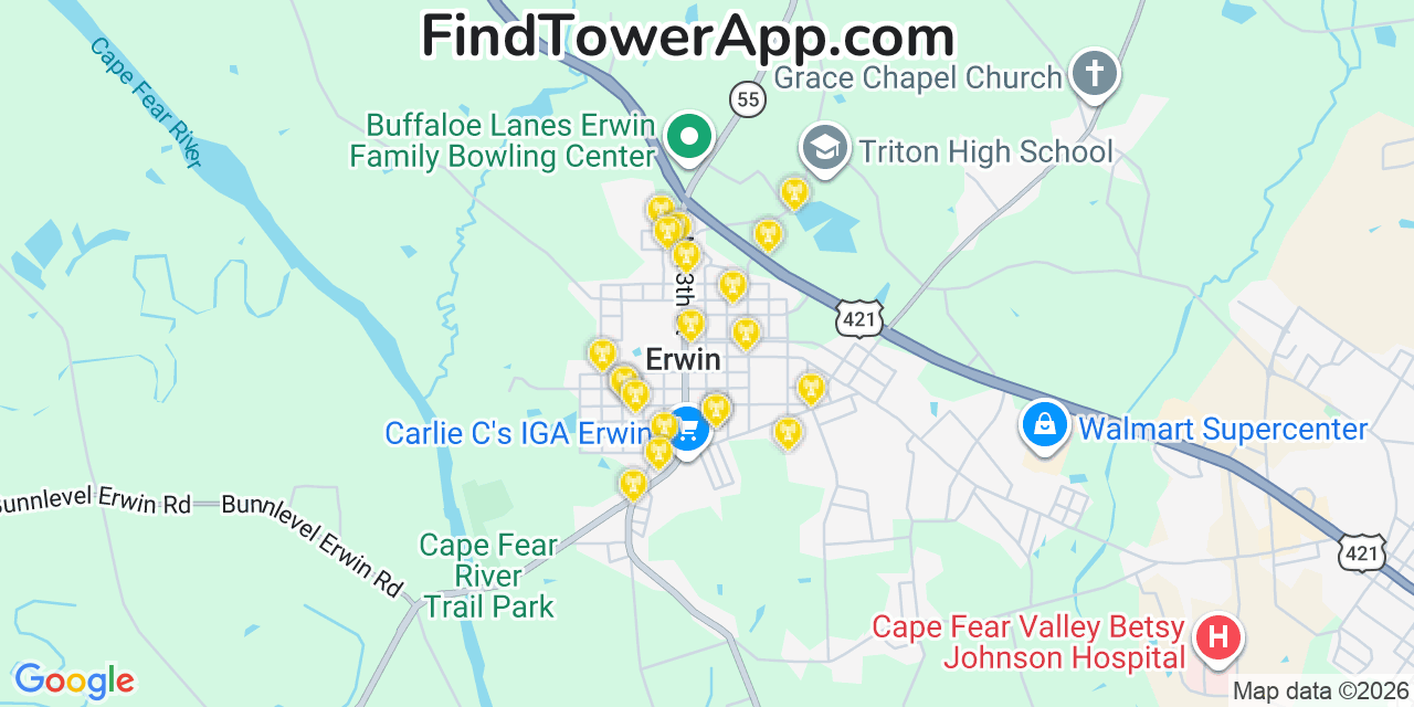 Map showing the 20 primary cell tower locations detected in Erwin, North Carolina from AT&T, Verizon, and T-Mobile networks