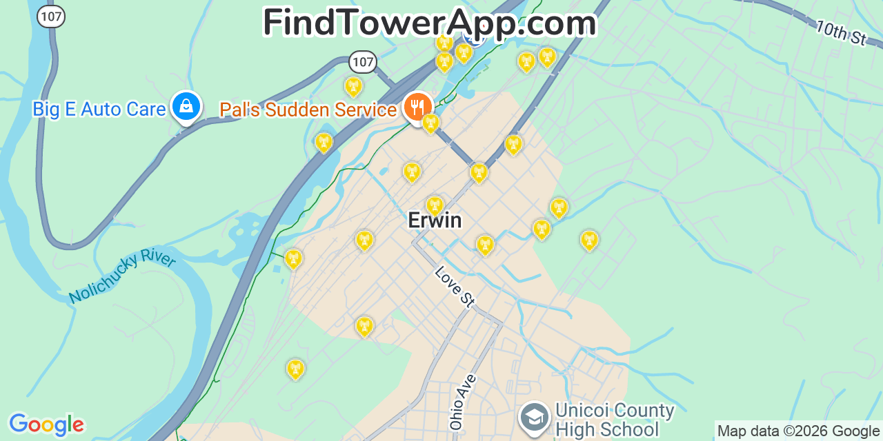 Map showing the 20 primary cell tower locations detected in Erwin, Tennessee from AT&T, Verizon, and T-Mobile networks