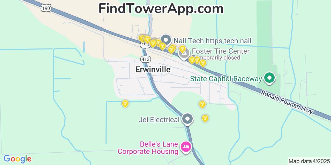 Map showing the 20 primary cell tower locations detected in Erwinville, Louisiana from AT&T, Verizon, and T-Mobile networks