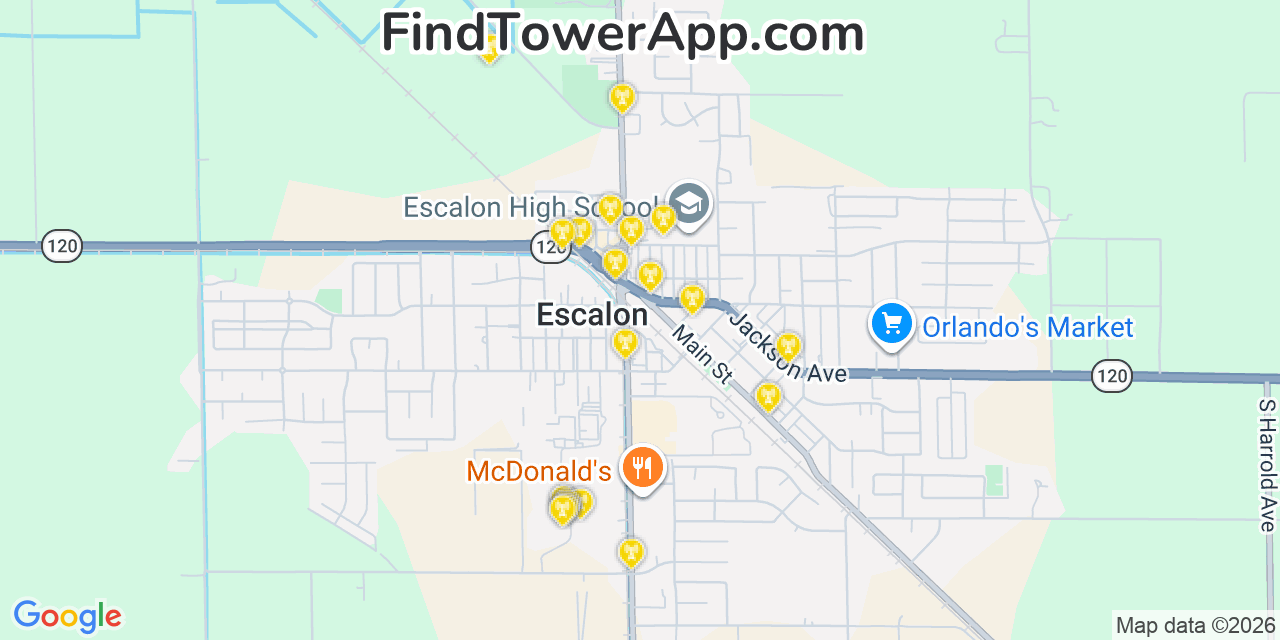 Map showing the 20 primary cell tower locations detected in Escalon, California from AT&T, Verizon, and T-Mobile networks