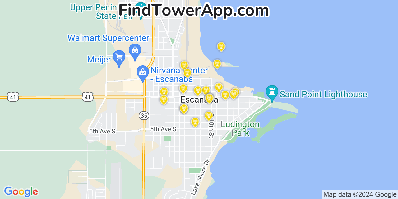 AT&T 4G/5G cell tower coverage map Escanaba, Michigan