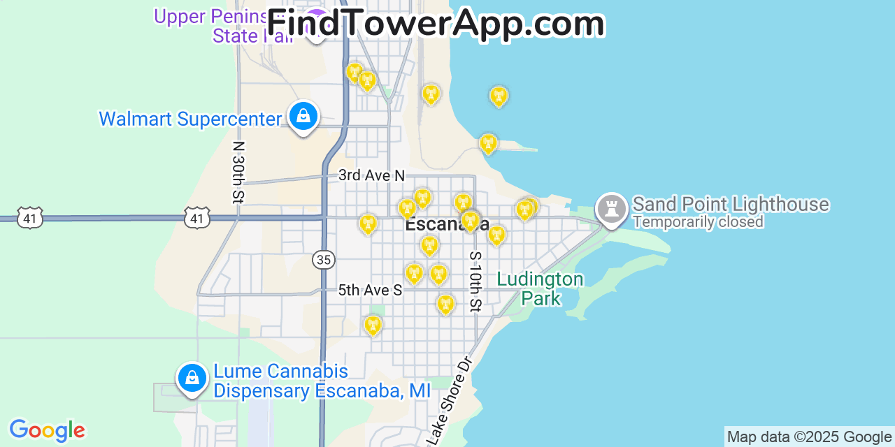 Map showing the 20 primary cell tower locations detected in Escanaba, Michigan from AT&T, Verizon, and T-Mobile networks