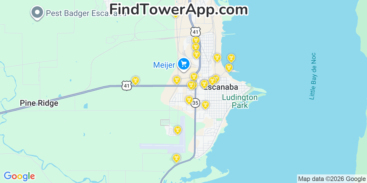 Map showing the 20 primary cell tower locations detected in Escanaba, Michigan from AT&T, Verizon, and T-Mobile networks