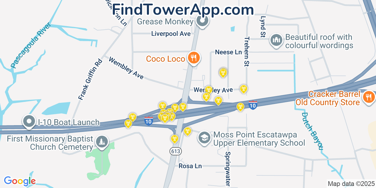 Map showing the 20 primary cell tower locations detected in Escatawpa, Mississippi from AT&T, Verizon, and T-Mobile networks