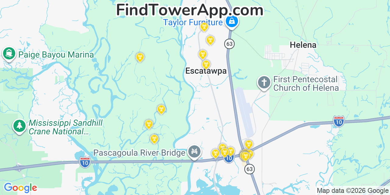 Map showing the 20 primary cell tower locations detected in Escatawpa, Mississippi from AT&T, Verizon, and T-Mobile networks