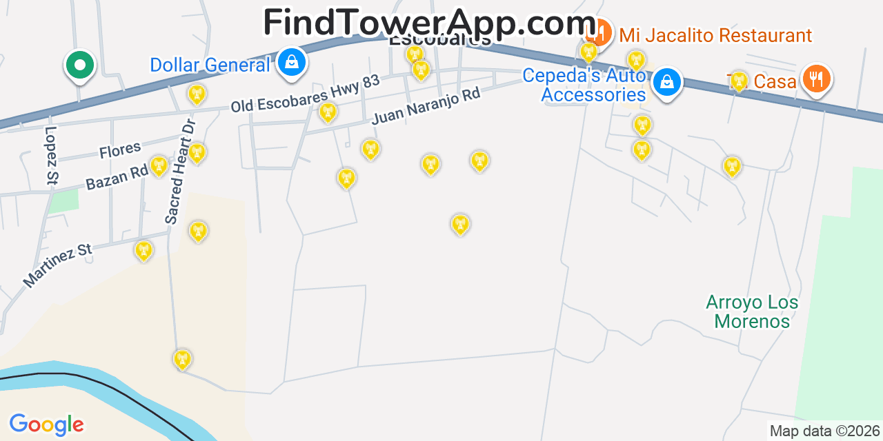 Map showing the 20 primary cell tower locations detected in Escobares, Texas from AT&T, Verizon, and T-Mobile networks