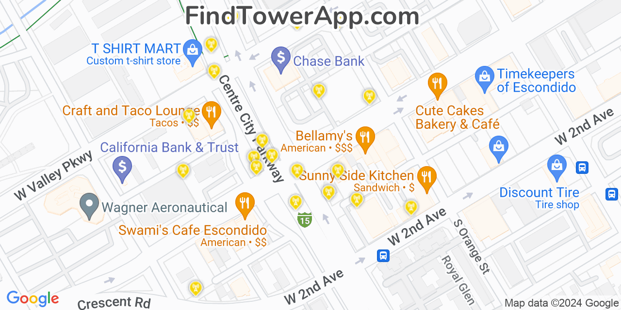 AT&T 4G/5G cell tower coverage map Escondido, California