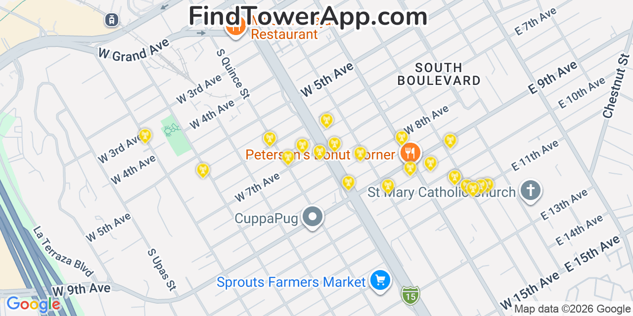 Map showing the 20 primary cell tower locations detected in Escondido, California from AT&T, Verizon, and T-Mobile networks