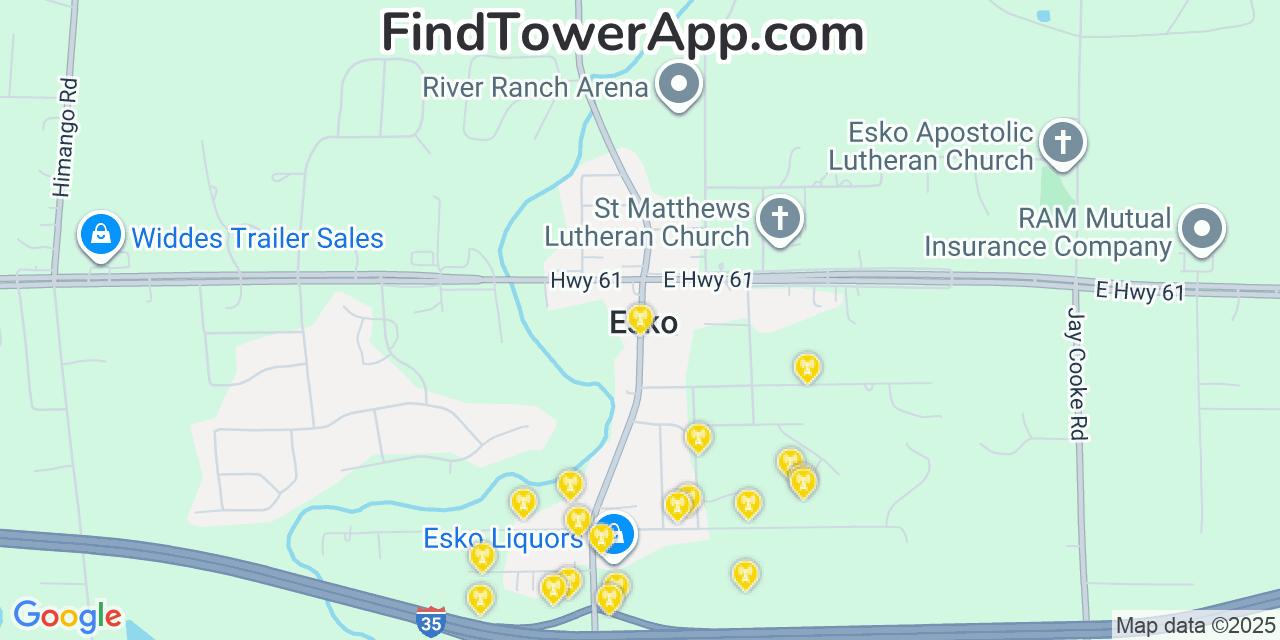Map showing the 20 primary cell tower locations detected in Esko, Minnesota from AT&T, Verizon, and T-Mobile networks