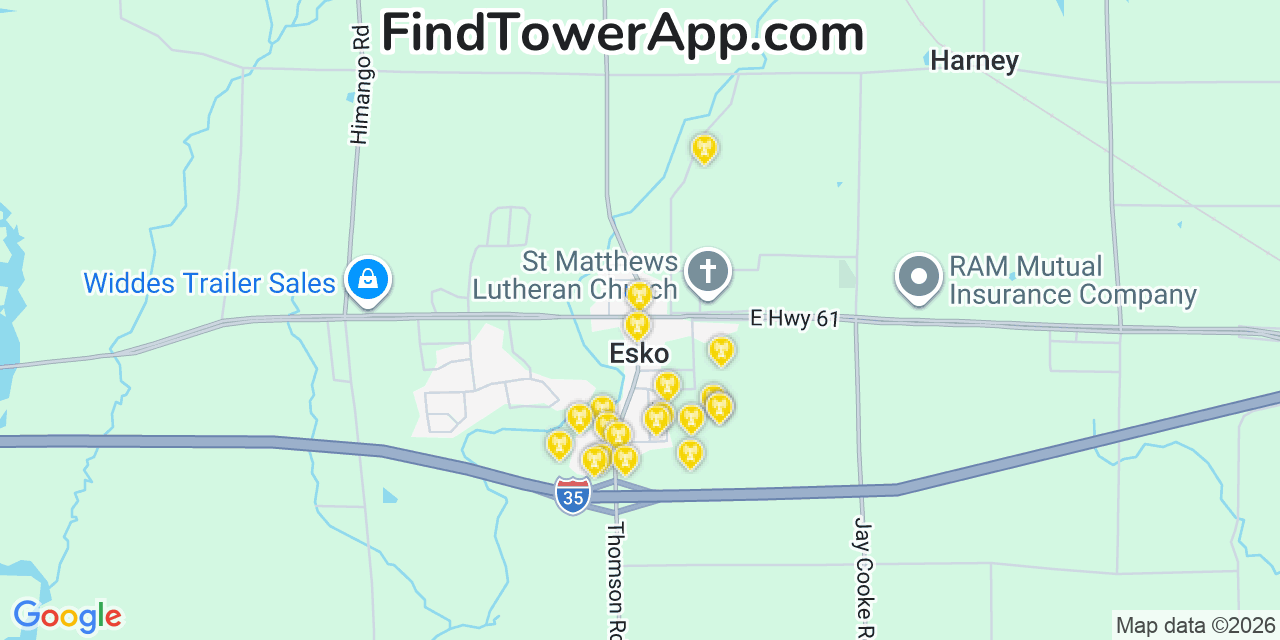 Map showing the 20 primary cell tower locations detected in Esko, Minnesota from AT&T, Verizon, and T-Mobile networks