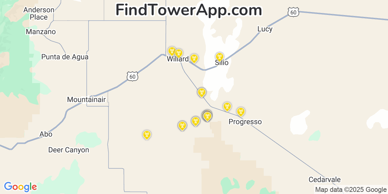 Map showing the 21 primary T-Mobile cell tower locations detected in Espa�Ola, New Mexico with coverage radius and signal strength indicators