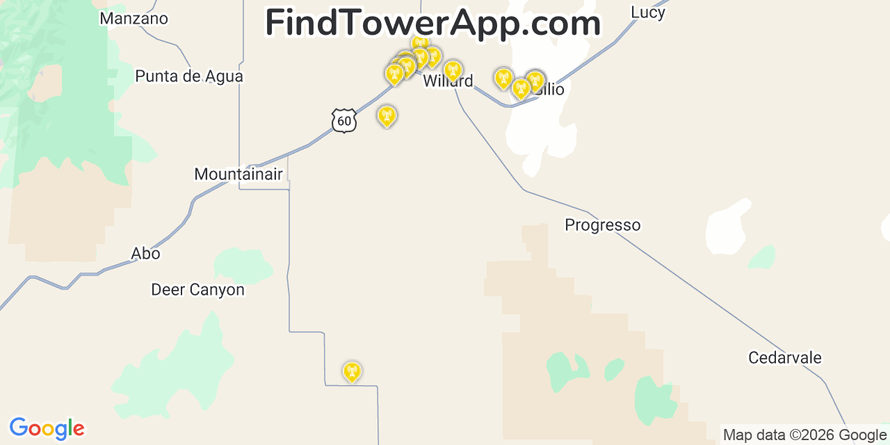 Map showing the 28 primary AT&T cell tower locations detected in Espa�Ola, New Mexico with coverage radius and signal strength indicators