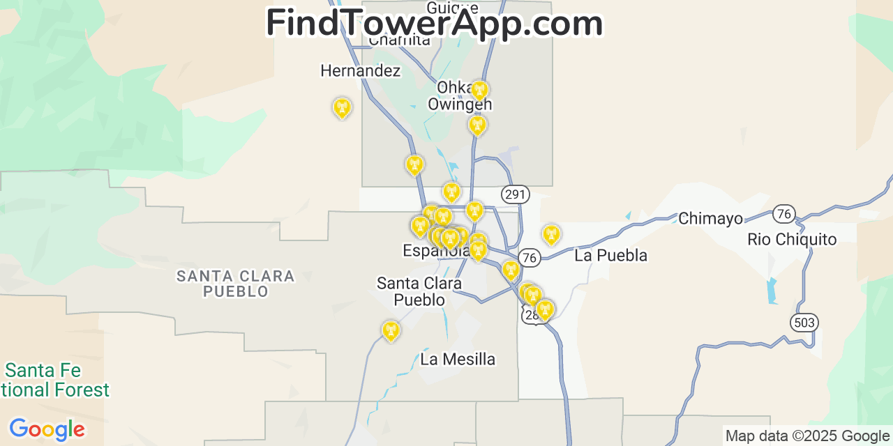 Map showing the 28 primary AT&T cell tower locations detected in Española, New Mexico with coverage radius and signal strength indicators