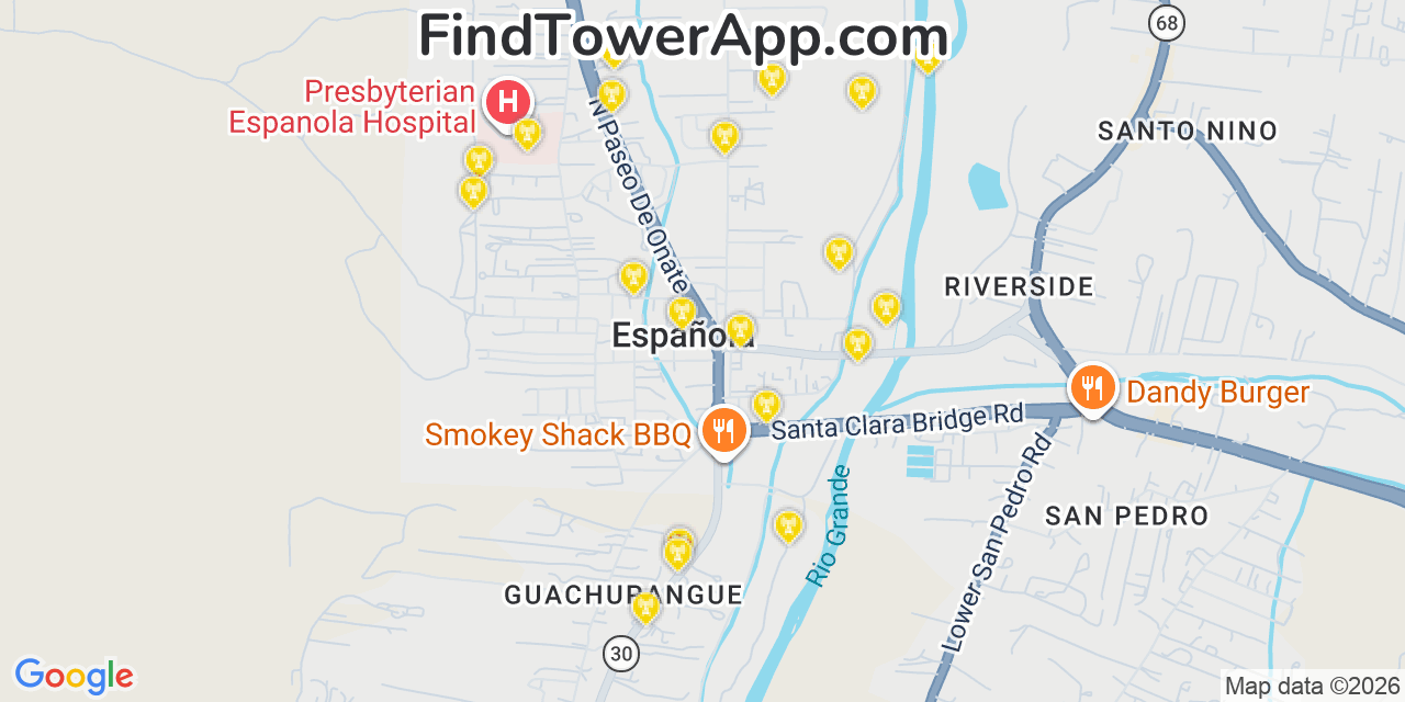 Map showing the 20 primary cell tower locations detected in Española, New Mexico from AT&T, Verizon, and T-Mobile networks
