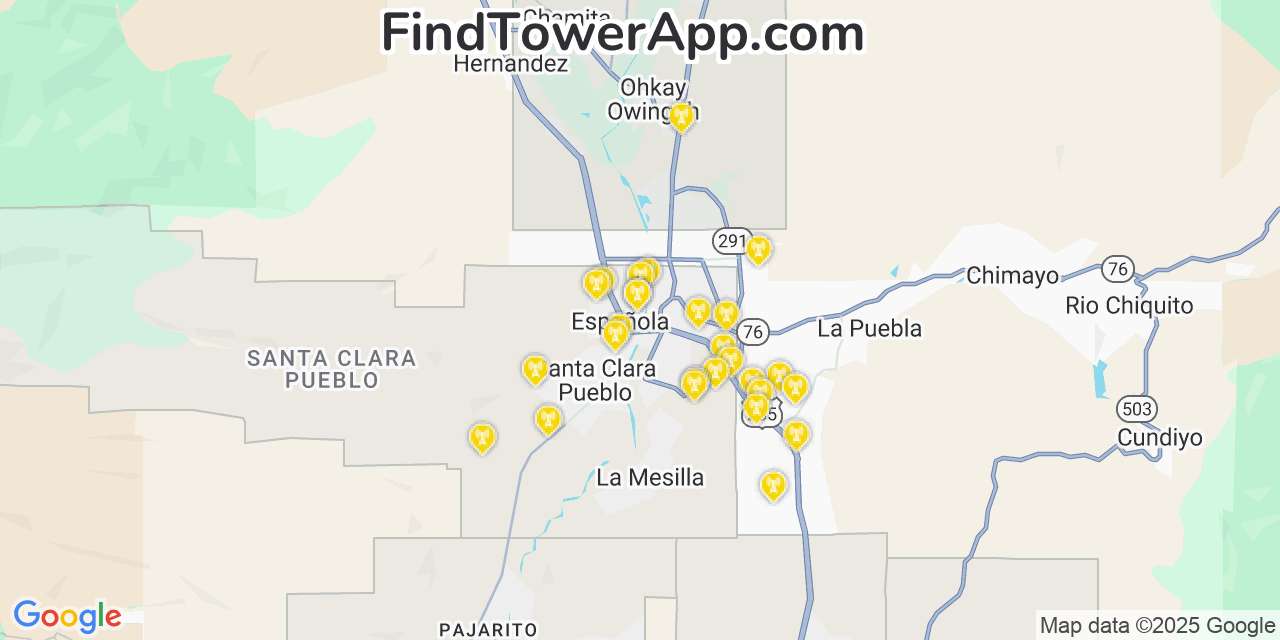 Map showing the 27 primary T-Mobile cell tower locations detected in Española, New Mexico with coverage radius and signal strength indicators