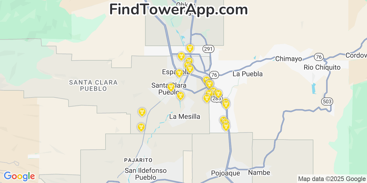 Map showing the 22 primary Verizon cell tower locations detected in Española, New Mexico with coverage radius and signal strength indicators