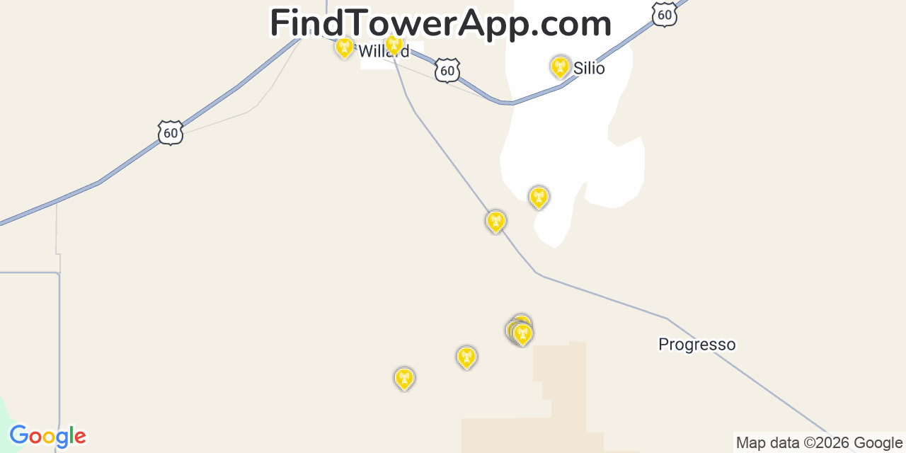 Map showing the 20 primary cell tower locations detected in Espaola, New Mexico from AT&T, Verizon, and T-Mobile networks