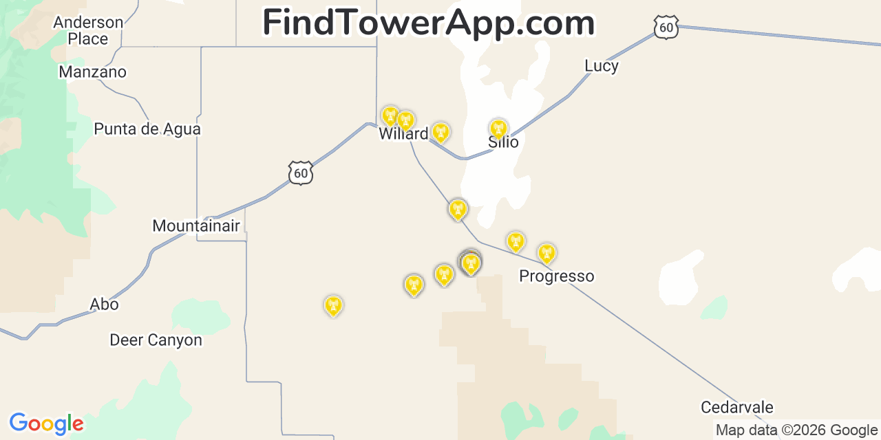 Map showing the 21 primary T-Mobile cell tower locations detected in Espaola, New Mexico with coverage radius and signal strength indicators